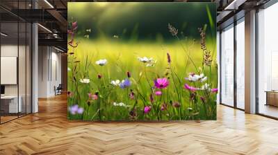 Vibrant Field of Grass and Wildflowers Under a Clear Blue Sky Wall mural