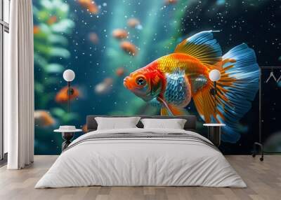 Vibrant Fish Gracefully Swimming in an Empty Aquarium, Symbolizing Lifes Vitality and Movement Against Stillness Wall mural