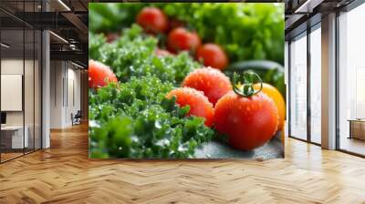 Vibrant fresh vegetables glistening with morning dew, showcasing farm-to-table freshness in stunning macro detail Wall mural