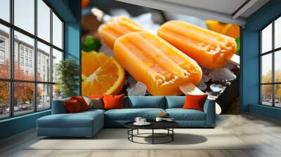 Vibrant frozen orange popsicles basking in sunny warmth Wall mural