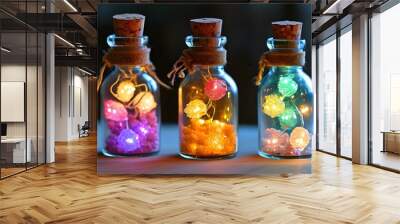 Vibrant glass bottles with cork stoppers illuminated by colorful fairy lights Wall mural