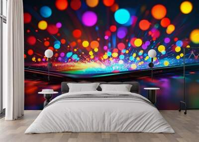 Vibrant glowing smartphone surrounded by bright bokeh lights on a dark backdrop, highlighting the fusion of modern technology and digital connectivity. Wall mural