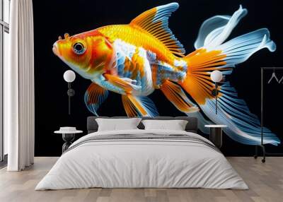 Vibrant goldfish with orange and white scales gracefully swimming in the depths of a dark background Wall mural