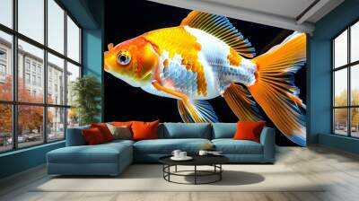 Vibrant goldfish with orange and white scales gracefully swimming in the depths of a dark background Wall mural