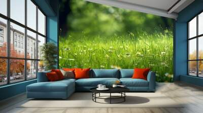 vibrant green landscape showcasing the beauty of spring and summer with lush grass and tranquil natural scenery Wall mural