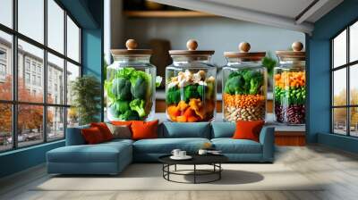 Vibrant kitchen counter showcasing glass containers filled with healthy meal prep ingredients like salad, chicken, broccoli, and beans Wall mural