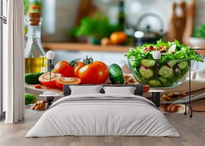 Vibrant kitchen scene featuring fresh tomatoes, cucumbers, green salad, and nuts being prepared with olive oil on a cutting board Wall mural