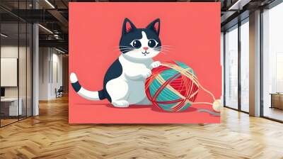 Vibrant kitten frolicking with a colorful yarn ball in a cheerful flat design illustration Wall mural