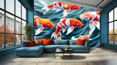 Vibrant Koi Fish Gracefully Swimming in a Serene Pond Wall mural