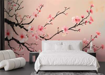 Vibrant Macro Illustration of Cherry Blossoms and Juliet Flowers Against a Soft Pink Summer Background Wall mural