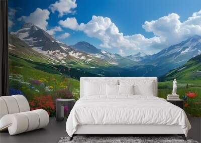 Vibrant mountain landscape featuring wildflowers, lush green meadows, and a bright blue sky with fluffy clouds Wall mural