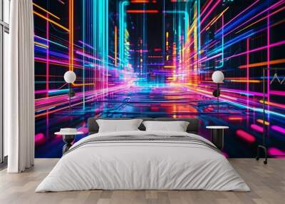 Vibrant neon-lit abstract futuristic technology background showcasing a dynamic network of interconnected systems and a modern design symbolizing a bright future Wall mural