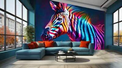 Vibrant Neon Zebra Portrait with Bold Colors and Intricate Patterns Wall mural