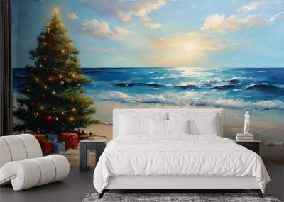 Vibrant oil painting of a Christmas tree adorned with baubles and lights set against a grungy summer beach seascape backdrop Wall mural