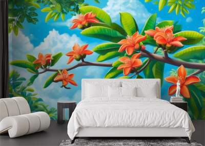 Vibrant oil painting of Bombax flower branches amid lush greenery and a bright blue sky, showcasing tropical beauty and intricate details in a natural setting Wall mural