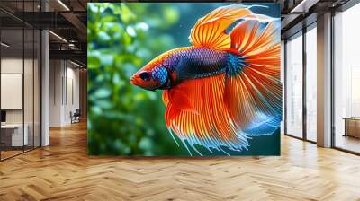 Vibrant orange Betta fish gracefully swimming in a crystal clear tank surrounded by lush green plants Wall mural