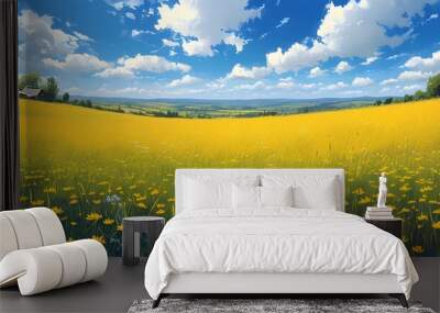 Vibrant panorama of a rural countryside with endless yellow grass fields stretching under a clear blue sky Wall mural