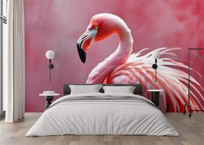 Vibrant pink flamingo standing gracefully amidst lush greenery Wall mural