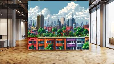 Vibrant pixel art cityscape filled with diverse buildings, lush trees, and playful elements beneath a dramatic cloudy sky, celebrating urban creativity Wall mural