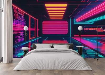 Vibrant Pixelated Tribute to Retro 90s Technology in Abstract Neon Colors and Digital Patterns Wall mural