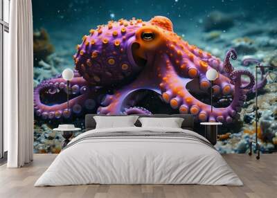 Vibrant purple octopus adorned with orange spots gliding gracefully through the ocean depths Wall mural