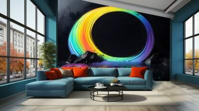 Vibrant Rainbow Flare Burst Against a Sleek Black Canvas Wall mural