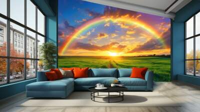 Vibrant rainbow spanning a lush green field under a golden sunset glow Wall mural