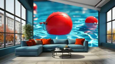 Vibrant red float drifting in serene blue swimming pool water, capturing the essence of a joyful summer day Wall mural