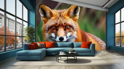 Vibrant red fox camouflaged in lush green grass Wall mural