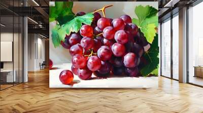 Vibrant still life featuring luscious red grapes and fresh green leaves against a pristine white backdrop Wall mural