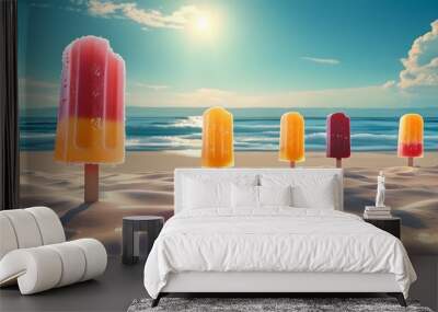 vibrant summer beach scene featuring colorful ice popsicles with ample copy space for creativity Wall mural