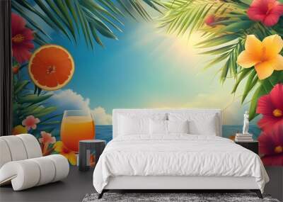 vibrant summer landscape with bright colors, tropical elements, and dynamic shapes for an eye-catching horizontal poster design Wall mural