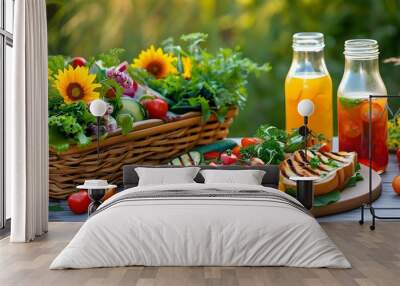 Vibrant summer picnic display of fresh vegetable salads, grilled bread, yellow peppers, cherry tomatoes, and refreshing drinks on a rustic table Wall mural