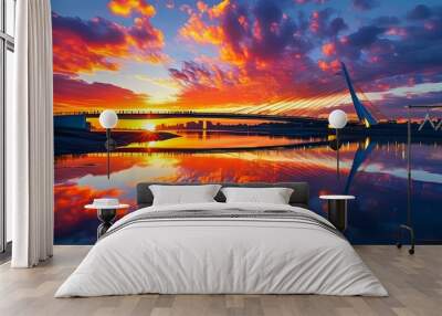 Vibrant Sunset Cityscape Featuring Modern Bridge and Reflective River Serenity Wall mural