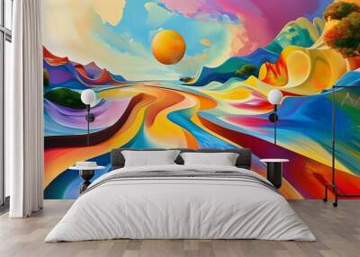 Vibrant surreal abstract landscape with flowing shapes and colorful streams creating a dreamlike artistic vision Wall mural