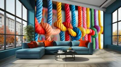 Vibrant Tapestry of Colorful Strings Cascading from the Ceiling Wall mural