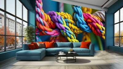 Vibrant tapestry of ropes intertwined in colorful patterns, showcasing strength and connection through abstract textile art and intricate designs Wall mural