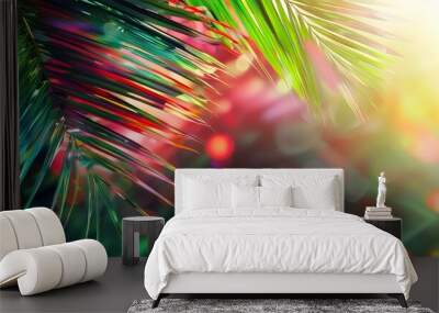 Vibrant tropical backdrop featuring colorful palm leaves and bokeh, perfect for summer designs and festive moods with ample copy space for creative mockups. Wall mural