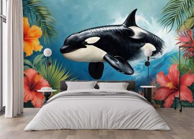 Vibrant Tropical Scene Featuring a Majestic Killer Whale Wall mural