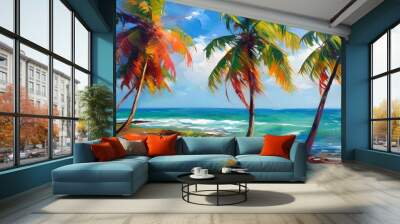 Vibrant tropical seascape with swaying palm trees and stunning ocean hues Wall mural