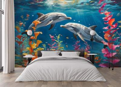 Vibrant underwater ecosystem featuring a dolphin swimming gracefully above colorful marine flora Wall mural