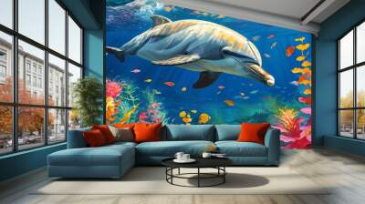 Vibrant underwater ecosystem featuring a dolphin swimming gracefully above colorful marine flora Wall mural