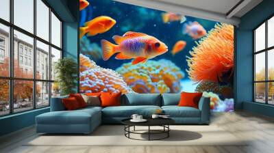 Vibrant underwater paradise featuring colorful corals and orange fish swimming in crystal-clear waters Wall mural