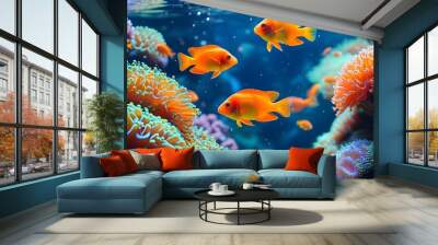 Vibrant underwater paradise featuring colorful corals and orange fish swimming in crystal-clear waters Wall mural