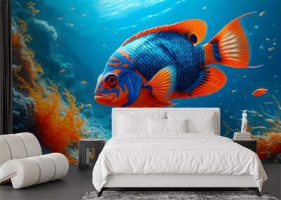 Vibrant underwater world featuring sea fish, coral, and seaweed in captivating blue and orange hues Wall mural