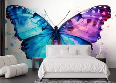 Vibrant watercolor butterflies in shades of blue and purple against a crisp white backdrop showcasing natures beauty and intricate patterns in art Wall mural