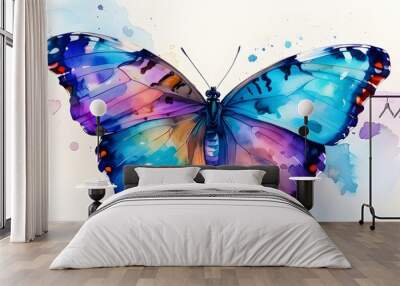 Vibrant watercolor butterflies in shades of blue and purple against a crisp white backdrop showcasing natures beauty and intricate patterns in art Wall mural