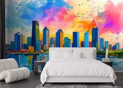 Vibrant watercolor cityscape merging urban skyline with lush nature, capturing a unique artistic vision of modern life infused with natural beauty Wall mural