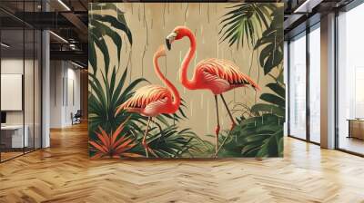 Vintage boho illustration of a flamingo amidst lush rainforest greenery on a soft light brown background Wall mural