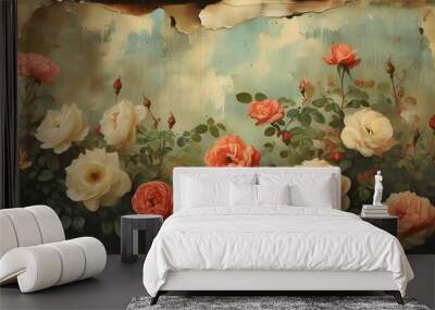 Vintage grunge backdrop featuring warm textures and torn floral rose elements Wall mural